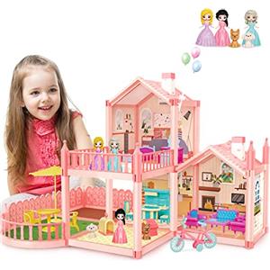 deAO Casa delle Bambole con Mobili e Accessori,Casetta Bambole con 2 Piani, 3 Camere da Letto, Balcone, 3 Bambole, 17 Mobili, Biciclette,Regalo per Bambina per 3 4 5 6 7 8 Anni