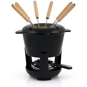 BBQ-TORO Set fonduta in ghisa per 6 Persone Set fonduta 13 Pezzi con bruciatore e forchette quantità di riempimento 1 litro di Cioccolato al Formaggio induzione. (Nero/Smaltato)