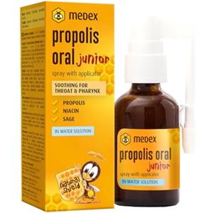 Medex Propolis Oral Junior, propoli spray gola, a base d'acqua, senza alcol; con aggiunta di miele, salvia, niacina, punte di abete rosso, con applicatore, bambini 3+, 30 ml