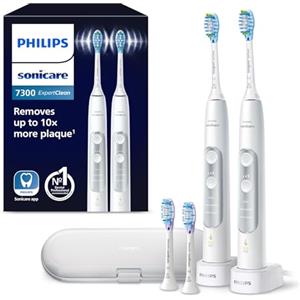 Philips Sonicare ExpertClean 7500 spazzolino elettrico, spazzolino sonico con app, sensore di pressione, custodia da viaggio, bianco-argento, confezione doppia, modello HX9611/19