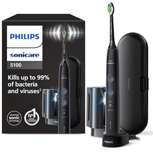 Philips Sonicare ProtectiveClean 5100 Spazzolino Elettrico, Spazzolino Sonico con 3 Modalità di Spazzolamento, Sensore di Pressione, Sanitizzatore a Raggi UV, Nero, Modello HX6850/57