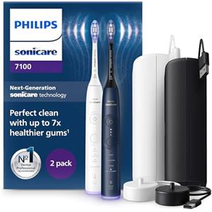 Philips Sonicare 7100, spazzolino elettrico sonico con app, 4 modalità di spazzolamento e 3 livelli di intensità, avviso di pressione, SmarTimer, bianco e blu navy, confezione da 2, modello HX7429/01