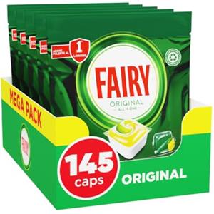 Fairy Detersivo Pastiglie Lavastoviglie Brillantante, 145 Capsule Lavastoviglie, Original Limone, Azione Pulente Al Primo Lavaggio, Efficace Sul Grasso Incrostato Con Azione Brillante