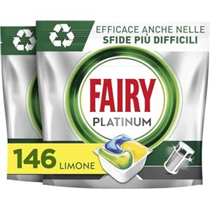 Fairy Platinum Detersivo Pastiglie Lavastoviglie, Brillantante, 146 Capsule Lavastoviglie, Limone, con Sistema Di Prelavaggio Integrato, Efficace nelle Sfide Difficili Contro lo Sporco