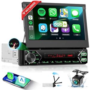 Podofo DAB+ Autoradio 1 DIN Bluetooth con CarPlay & Android Auto Wireless, con Motorizzato schermo a scomparsa 7 pollici Touchscreen, Mirror Link FM USB Type-C AUX Microfono Telecamera di backup