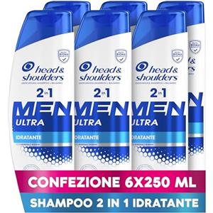 Head & Shoulders Men Ultra Idratante 2 in 1 Shampoo e Balsamo Antiforfora 6x250ml per Uso Quotidiano. Combatte Forfora, Prurito, Secchezza e Capelli Grassi. Con Minerali Marini. Sensazione Di Pulizia