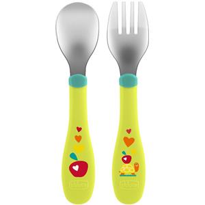 CHICCO Posate Inox 18M Verde - Set di posate in acciaio inox per bambini, leggere e facili da impugnare