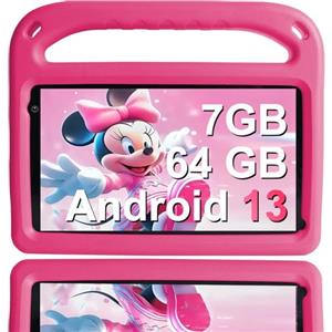 GOODTEL Tablet Kids Android 13 7GB RAM+64 GB ROM, Tablet da 7 pollici per bambini, WiFi, Bluetooth, GPS, istruzione + giochi, doppia fotocamera, controllo parentale, con custodia EVA - Rosa
