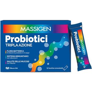 Massigen Probiotici Tripla Azione - Integratore Alimentare con 8 Miliardi di Probiotici in 12 Stickpack