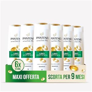 Pantene Pro-V Lisci Effetto Seta Shampoo per Capelli Crespi e Opachi, Deterge Delicatamente e Protegge i Legami del Capello, Senza Siliconi, Olio Minerale, Coloranti, Maxi Formato 6 x 250 ml