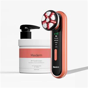 MASDERM - Dispositivo Radiofrequenza Facciale con Crema Rassodante 500 ml, Massaggiatore Viso Elettrico Professionale, Trattamento Antieta e Pulizia del Viso, Effetto Lifting per Viso e Collo - 2 Pack