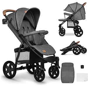 LIONELO Annet passeggino leggero pieghevole grigio regorabile con posizione sdraiata con ruote EVA cappottina XXL con zanzariera coprigambe portabibite fino 22 kg