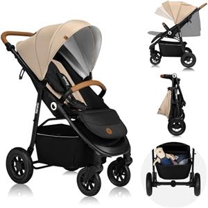 LIONELO Passeggino compatto per bambini dalla nascita fino a 22kg Pieghevole Completa regolazione Posizione sdraiata Cinture 5punti Grandi ruote Ammortizzazione Cappottina XXL (Beige, NATT)