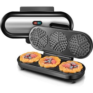 FOHERE Waffel Piastra Waffle Cuore, 15 Waffle Classici a Forma di Cuore, Piastra per Waffle per 3 Waffle Alla Volta, Rivestimento Antiaderente, Spie Luminose, Macchina per waffle 1200W, Acciaio Inox/Nero