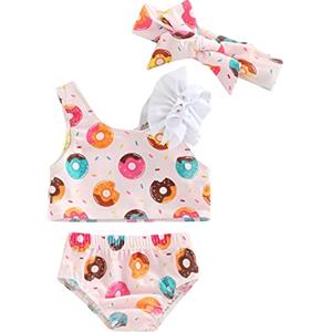 Geagodelia Costume da Bagno per Bambina con 3 Pezzi, Stampa Ciambelle, Costume da Bagno, Mutandine e Top con Fascia (Ciambelle, 18-24 Months)