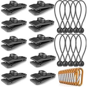 AIXIMA Tarp Clips per Tenda,30 Pezzi Clips per Tenda da Campeggio Set, con 10 Corde Elastiche a Sfera, 10 Moschettoni per Tende da Sole, Morsetti per Teloni, Clip di Fissaggio per Tela