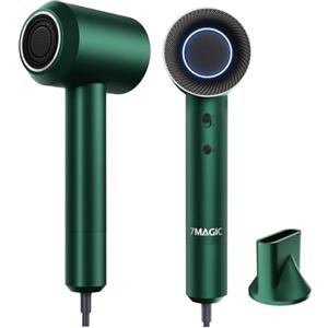 7MAGIC Asciugacapelli, Asciugacapelli Ionico, Asciugacapelli Ad Alta Velocità, 23m/s, Asciugacapelli A Bassa Rumorosità, Con Anello LED, 1400W, Adatto Per Casa E Viaggio, Ugello Magnetico, Colore Verde