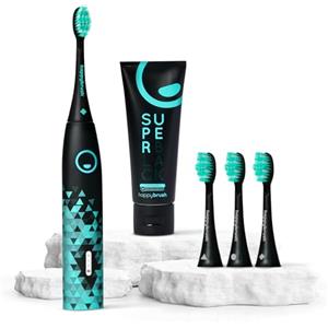 happybrush® Spazzolino elettrico sonico Eco VIBE 3 - Spazzolino sostenibile con batteria ricaricabile che dura 6 settimane, con 3 testine di ricambio e dentifricio - Nero/Menta