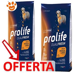 Prolife Dog DualFresh Adult Medium Large Tacchino, Maiale e Riso - Offerta [PREZZO A CONFEZIONE] Quantità Minima 2, Sacco Da 12 Kg