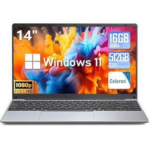 FUNYET Ordinateur Portable 14.1 Pouces 16GB RAM 512GB SSD, Ordinateur Portable Windows 11 jusqu'à 2,9GHz IPS FHD 1920x1080, USB HDMI Bluetooth Rotation à 180°