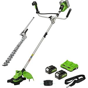 Greenworks 48V (2x24V) Decespugliatore a Batteria Brushless, Imbracatura, Ampiezza di Taglio 38cm, Filo Nylon2mm, 2x Batterie 4Ah e Caricabatterie, GD24X2BCB + Greenworks Accessorio Tagliasiepi