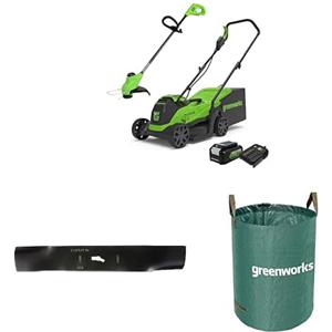 Greenworks Tools Tosaerba Elettrico, 24V, 33 Cm, 30L Scatola Raccoglierba E Tagliabordi 25Cm, Nero Verde + Greenworks Lama di Ricambio da 33 cm + Greenworks Sacco da giardinaggio da 120l