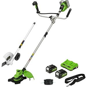 Greenworks 48V (2x24V) Decespugliatore a Batteria Brushless, Imbracatura, Ampiezza di Taglio 38cm, Filo Nylon2mm, 2x Batterie 4Ah e Caricabatterie, GD24X2BCB + Greenworks Original Tagliabordi, Lama De