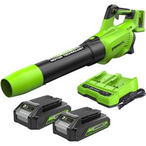 Greenworks 48V(2x24V) Soffiatore Foglie Assiale a Batteria con Motore Brushless, Funzione Turbo, 217km/h, 16,4m³/min, CON 2 Batterie 24V 2Ah e Caricabatterie, Garanzia 3 Anni GD24X2ABK2X