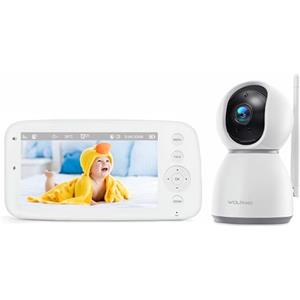 WOLFANG Baby Monitor Video e Audio, 5 pollici 720P Schermo, 360° 1080P Telecamera con Visione Notturna e Zoom, Conversazione Bidirezionale, Temperatura, Rilevamento del Pianto, Portata di 1000 Piedi