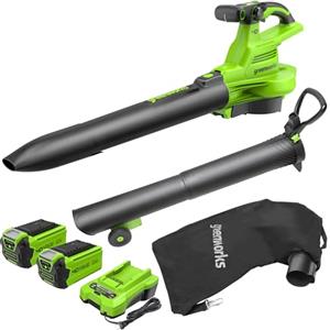 Greenworks 40V Aspiratore Soffiatore a Batteria per Foglie, Motore Brushless, 370km/h, 14.17 m³/min, Sacco di Raccolta da 45L, Due Batterie 2Ah e Caricabatterie, Garanzia 3 Anni GD40BVIIK2X