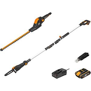 WORX 2 in 1 18V (20V MAX) Combo Set, 45cm Tagliasiepi Telescopico a Batteria e 20cm Motosega WG908E, PowerShare, 2,0 Ah, Maniglia Regolabile, Manicotto Protettivo, Pertica Telescopica 1.8-2.3m