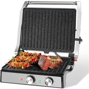 Aigostar Bistecchiera elettrica, Griglia Barbecue XXL, 2000W. Rivestimento antiaderente in ceramica, Timer di 30min, apertura a 180°, superficie di cottura 29 x 23 cm, temperatura regolabile. Roast