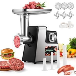 Huanyu Tritacarne Elettrico Multifunzione - Macina Carne e Macchina Per Salsicce Professionale con 3 Lame e 3 Piastre di Taglio