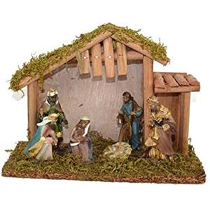 Aurora Store Capanna PRESEPE di Natale Completa di Natività da 6 Pezzi in Sughero e Muschio con Tetto in Legno Artigianale Dimensioni 25x9x h.18 cm