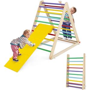RELAX4LIFE Triangolo da Arrampicata con Scivolo per Bambini, Scala Pieghevole per Arrampicarsi in Legno, Triangolo Stabile, Giocatoli Montessori per Bambini 1+ Anni (Colorato)