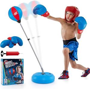 COSTWAY Punching Ball da Terra Altezza Regolabile 120-154 cm, Sacco di Pugilato con Guanti Inclusi, Palla di Boxe con Base per Adulti e Bambini (Blu)