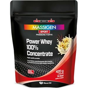 MASSIGEN Mass Sport Power Whey 100% Concentrate Vaniglia, 420 g, Integratore Proteico con Proteine del Siero del Latte, Ricco di Vitamine e Aminoacidi, 14 Dosi, Senza Glutine
