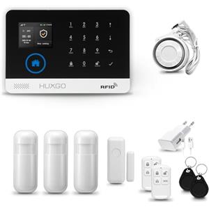 HUXGO® HXA003 Sistema di allarme casa senza fili con Sirena WiFi + GSM | Antifurto casa kit con 1x sensori di allarme per finestre/portes, 3x rilevatori di movimento