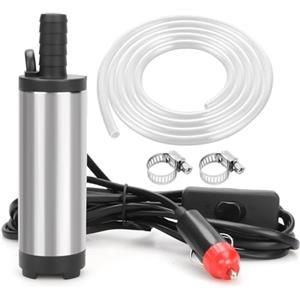 LangRay Pompa Olio DC 12V 38mm Pompa Acqua Pompa Sommersa Elettrica Pompa Travaso Gasolio Diesel Carburante con Tubo 5M, Pompa Aspira Acqua e Olio per Auto, Veicolo a Motore, Barca (Accendisigari)