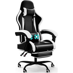 Devoko Sedia da Gaming Massaggiante con Poggiapiedi Telescopico, Sedia Gamer con Cuscino Lombare & Poggiatesta, Ergonomico Sedie da Ufficio Schienale Regolabile 90-135°, Portata 150 kg (Bianca)