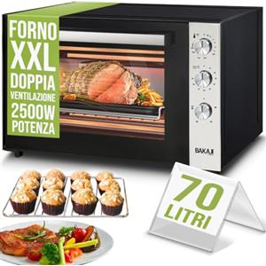 Bakaji Forno Fornetto Elettrico Ventilato Capacità 70 litri Potenza 2500W Temperatura Regolabile fino 250° 2 Ventilazioni Elenti Riscaldanti Acciaio Luce Interna Funzione Timer (70 Litri)