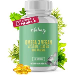 Vitabay Omega 3 Vegan 1100 mg - 60 Capsule Molli con Olio di Alga Schizochytrium sp. e Vitamina E (3,6 mg) - Vegana e ad Alto Dosaggio - Olio Ricco di DHA 600 mg e EPA 300 mg - Testata in Laboratorio