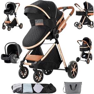 Sianldcone Passeggino 3 in 1 Trio Neonati, Tessuti di Alta Qualità Carrozzina per Neonato, Spinta Bidirezionale Passeggino Reversibile, Visione Aperta Passeggino Trolley (V9 Black)