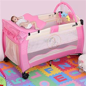 BAKAJI Lettino Culla Box Gioco da Campeggio per Bambini Neonato con Fasciatoio e Arco Giochi Removibili Struttura in Metallo Pieghevole con Apertura Zip Tasche Laterali Ruote e Custodia (Pink)