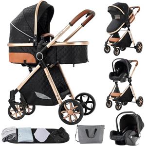 MoLi Passeggino Trio, Passeggino 3 in 1 con Doppia Modalità Push Reversibile, Trio Passeggino Neonati con Grande Navicella, Carrozzina per Neonati in Alluminio Pieghevole (225 Black Gold)