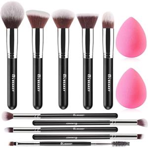 BEAKEY Set Pennelli Make up Premium synthetic pennelli trucco per fondazione cipria fard, ombretto, Set di pennelli make up, kit con spugnetta e Blender Beauty (10 + 2 pezzi, nero/argento)