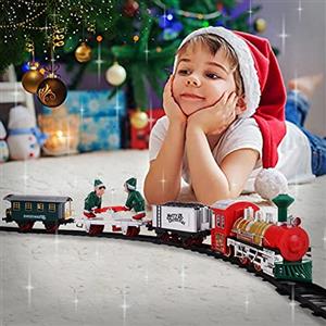 Christmas Presents Trenino Elettrico Natalizio con Doni di Babbo Natale Treno Locomotiva a Batteria con 2 vagoni Luci e Suoni per Decorazione Natalizia Base Albero Pista 137 cm