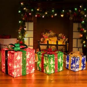 BAKAJI Set 3 Pacchetti Regalo Luminosi di Natale con Decorazioni e Addobbi Luci LED, Box Natalizie Luminose con Fiocco e Base Multicolore, Luce Bianco Caldo, Decorazione Addobbo Natalizio