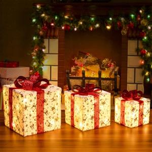 BAKAJI Set 3 Pacchetti Regalo Luminosi di Natale con Decorazioni e Addobbi Luci LED, Box Natalizie Luminose con Fiocco Rosso e Base Bianco e Oro, Luce Bianco Caldo, Decorazione Addobbo Natalizio