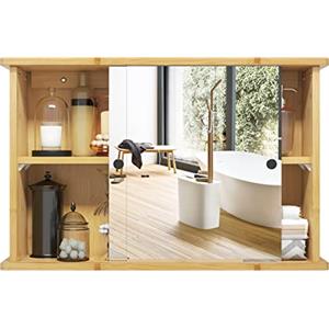 EUGAD Mobiletto da Bagno con Specchio e Maniglie, Armadietto a 2 Ante Scorrevoli con Mensola Regolabile in Bambù e Metallo, per Cucina, Soggiorno, Studio, 55x14x35,5cm